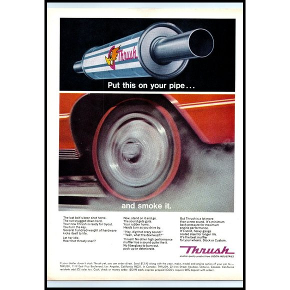 1968 Thrush Performance Muffler Vintage Print Ad Put On Your Pipe And Smoke It - Picture 1 of 2
